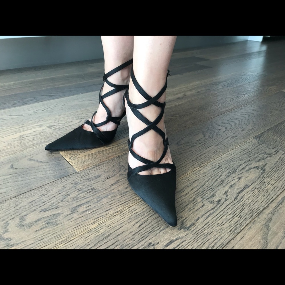 Black satin cross strap evening shoes